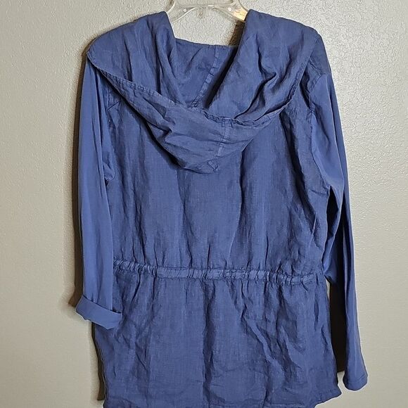 Flax Small Linen Hooded Women's Blue Jacket With Contrast Cotton Knit Sleeves - Picture 7 of 9